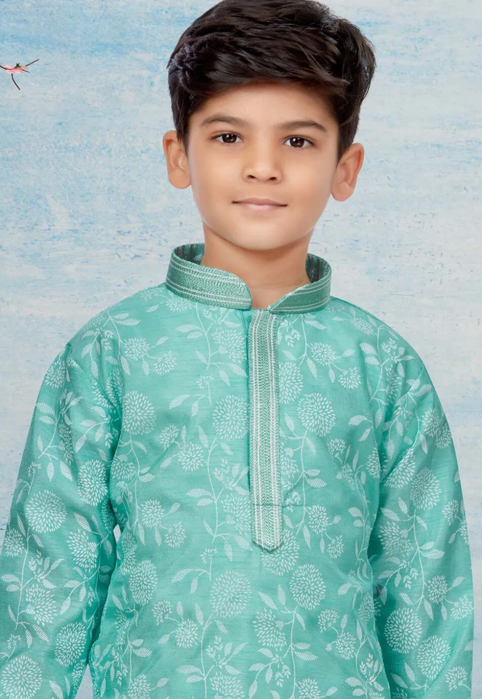 Digital Printed Dupion Silk Kurta Set in Sea Green
