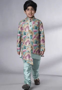 Digital Printed Dupion Silk Sherwani Set in Multicolor
