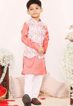 Digital Printed Dupion Silk Jacket Style Kurta Set in Peach