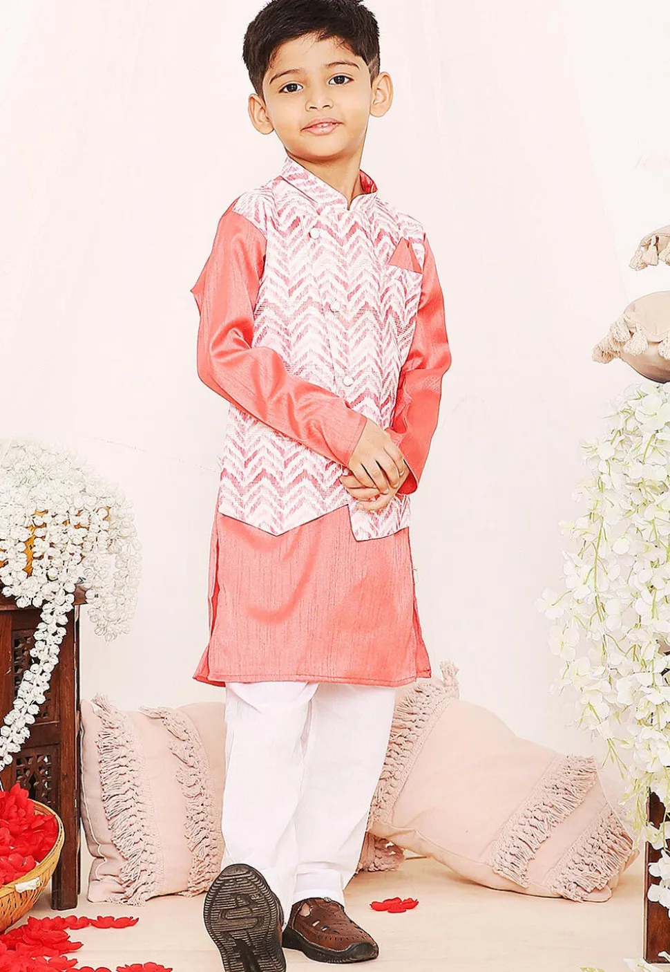 Digital Printed Dupion Silk Jacket Style Kurta Set in Peach
