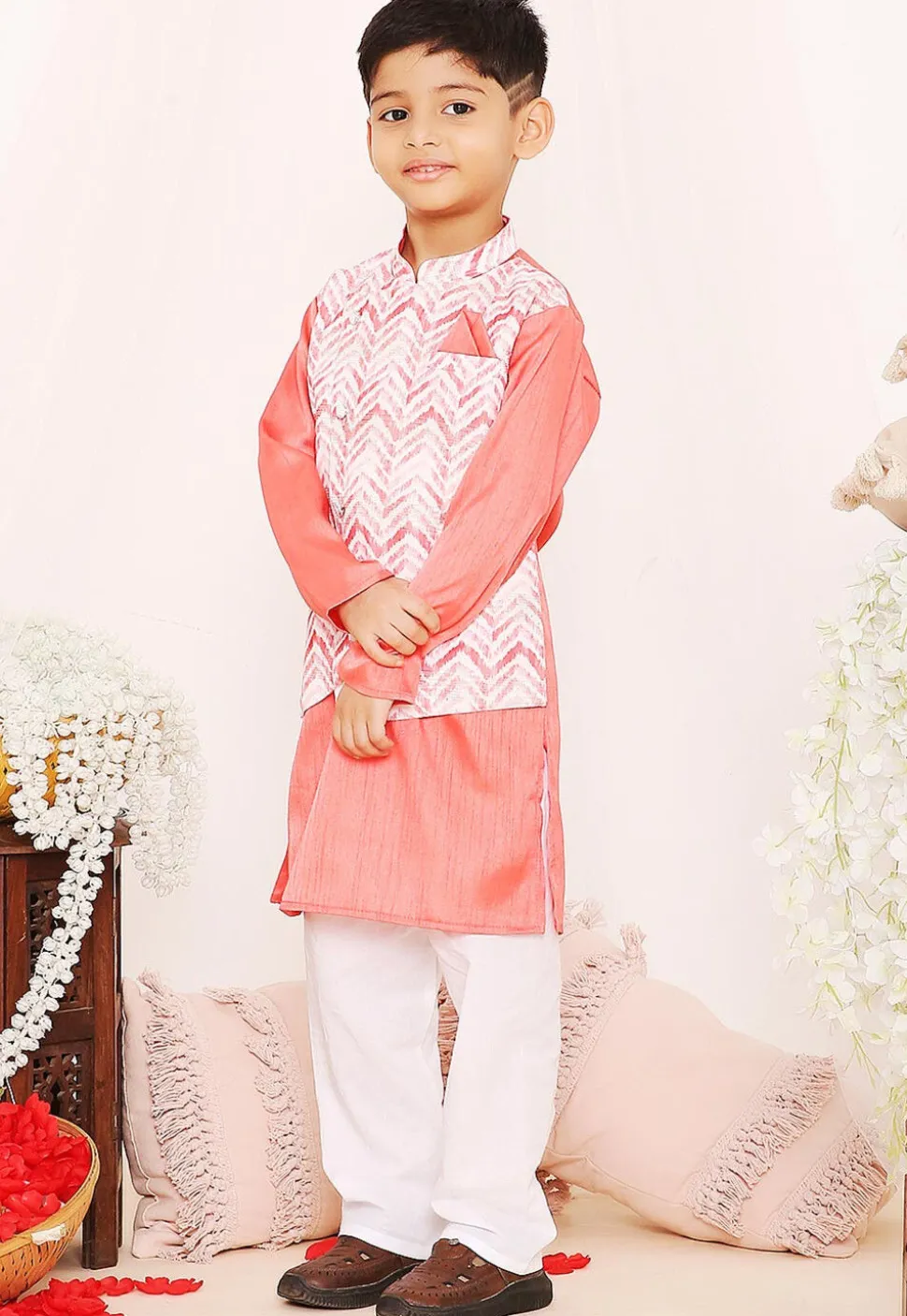 Digital Printed Dupion Silk Jacket Style Kurta Set in Peach