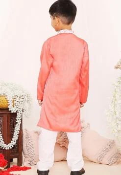 Digital Printed Dupion Silk Jacket Style Kurta Set in Peach