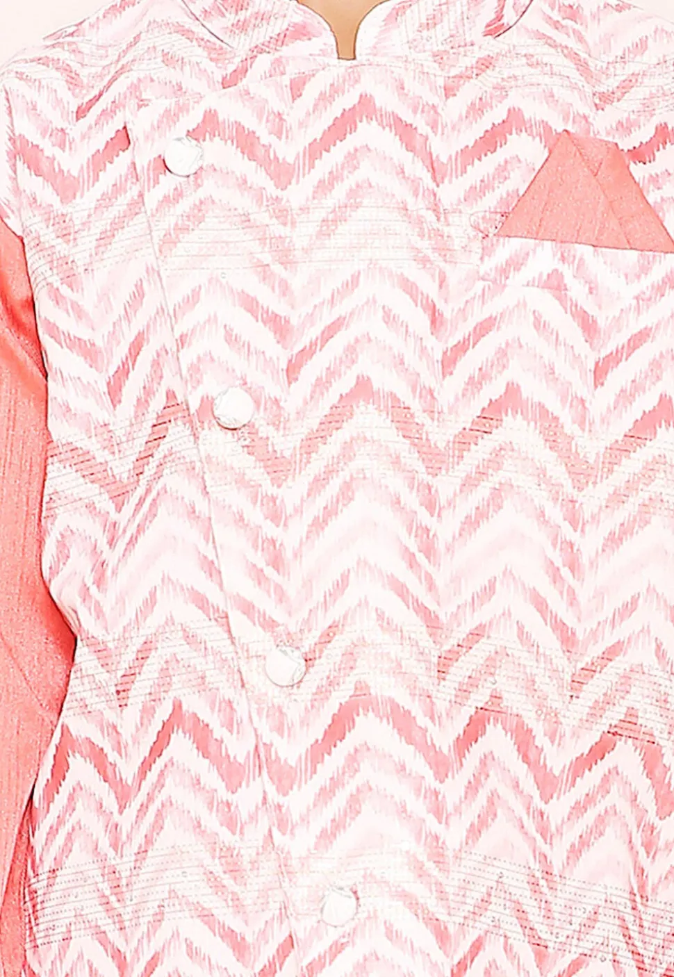Digital Printed Dupion Silk Jacket Style Kurta Set in Peach