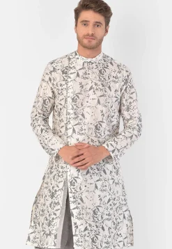 Digital Printed Dupion Silk Kurta in Off White