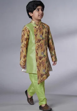 Digital Printed Dupion Silk Sherwani Set in Beige and Green
