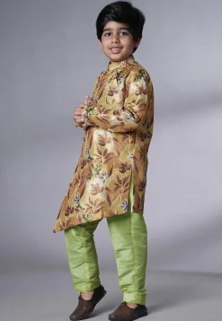 Digital Printed Dupion Silk Sherwani Set in Beige and Green