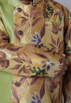 Digital Printed Dupion Silk Sherwani Set in Beige and Green