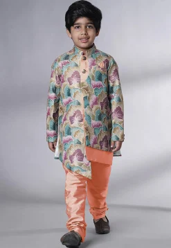 Digital Printed Dupion Silk Sherwani Set in Multicolor