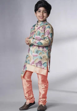 Digital Printed Dupion Silk Sherwani Set in Multicolor