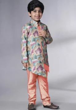 Digital Printed Dupion Silk Sherwani Set in Multicolor