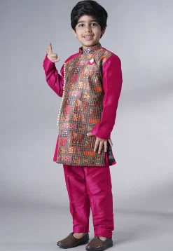 Digital Printed Dupion Silk Sherwani in Fuchsia