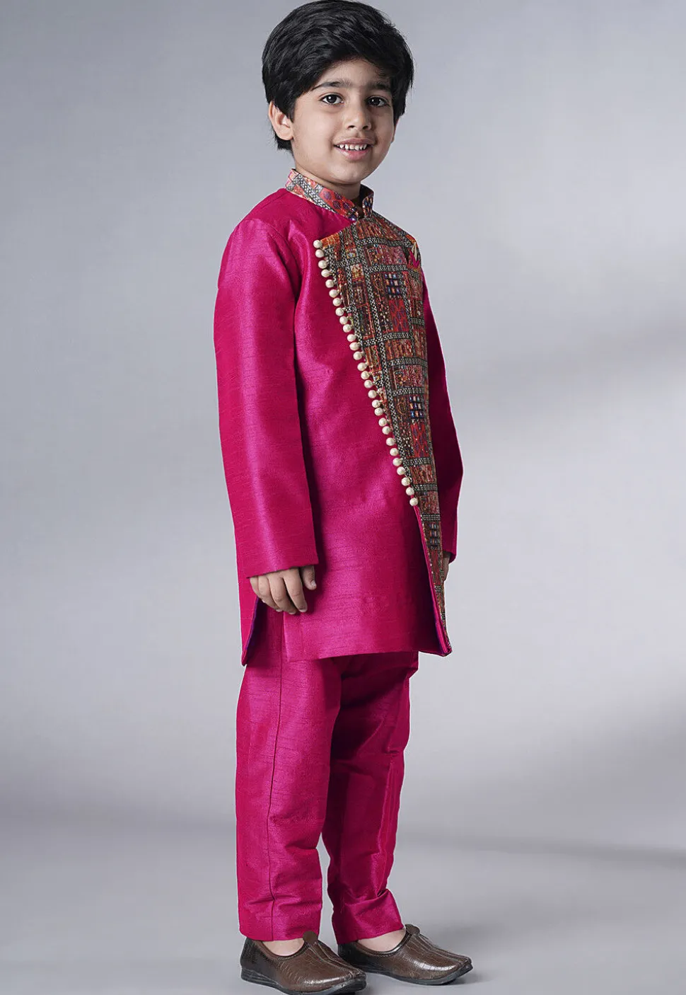 Digital Printed Dupion Silk Sherwani in Fuchsia