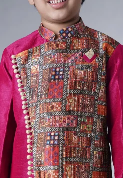 Digital Printed Dupion Silk Sherwani in Fuchsia
