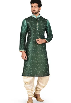 Digital Printed Dupion Silk Dhoti Kurta in Dark Green