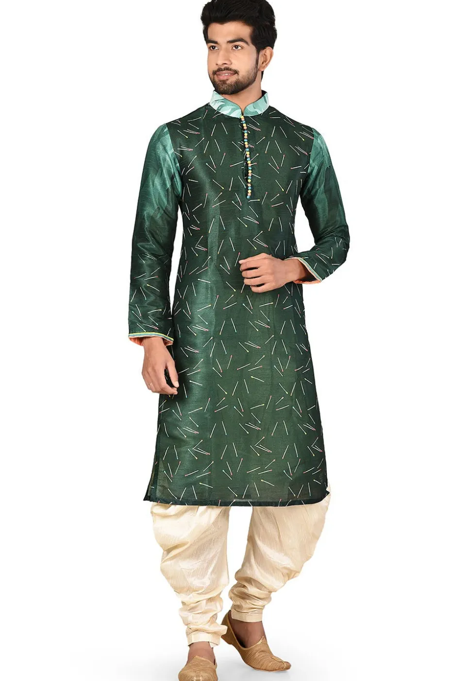 Digital Printed Dupion Silk Dhoti Kurta in Dark Green