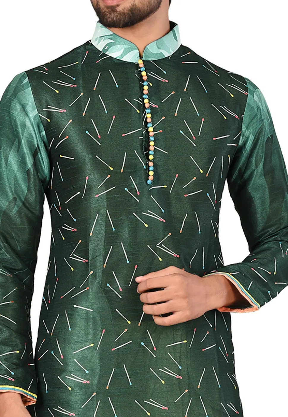 Digital Printed Dupion Silk Dhoti Kurta in Dark Green