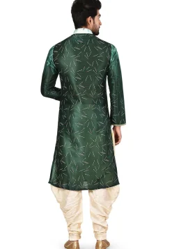 Digital Printed Dupion Silk Dhoti Kurta in Dark Green