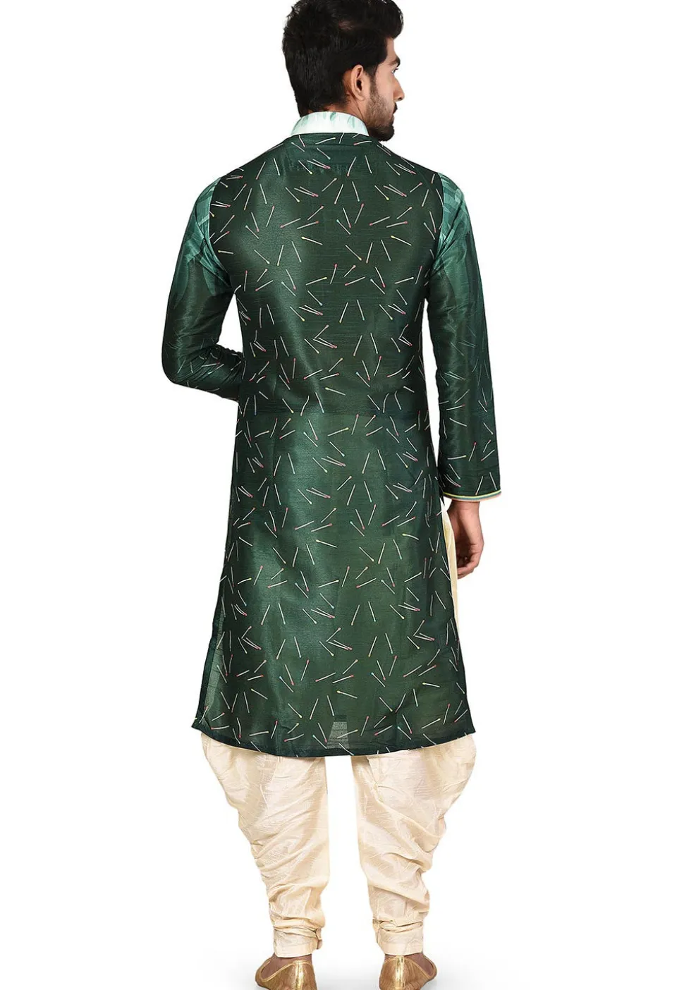 Digital Printed Dupion Silk Dhoti Kurta in Dark Green