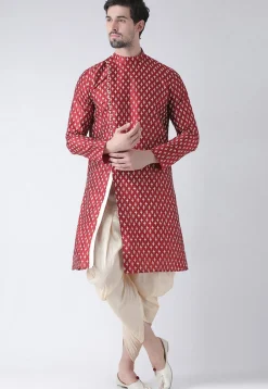 Digital Printed Dupion Silk Dhoti Kurta in Maroon