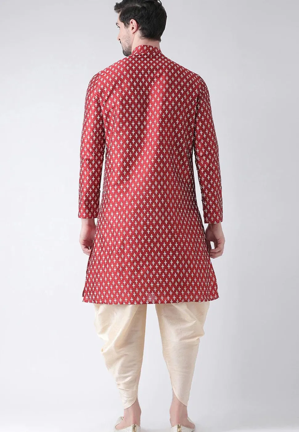 Digital Printed Dupion Silk Dhoti Kurta in Maroon
