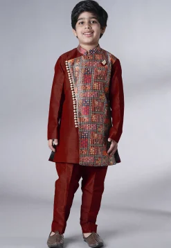 Digital Printed Dupion Silk Sherwani in Maroon