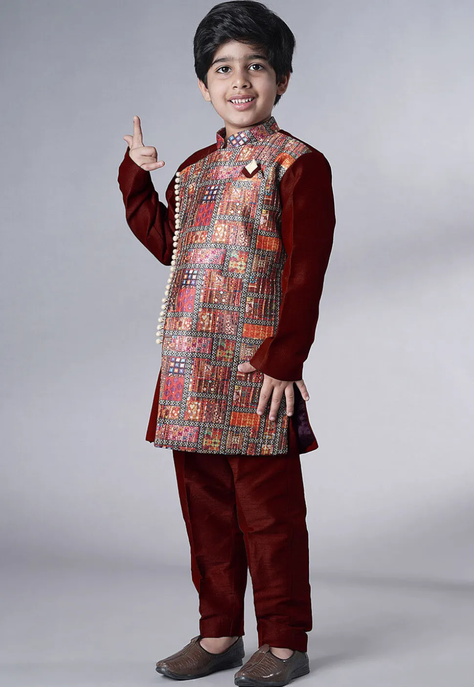 Digital Printed Dupion Silk Sherwani in Maroon