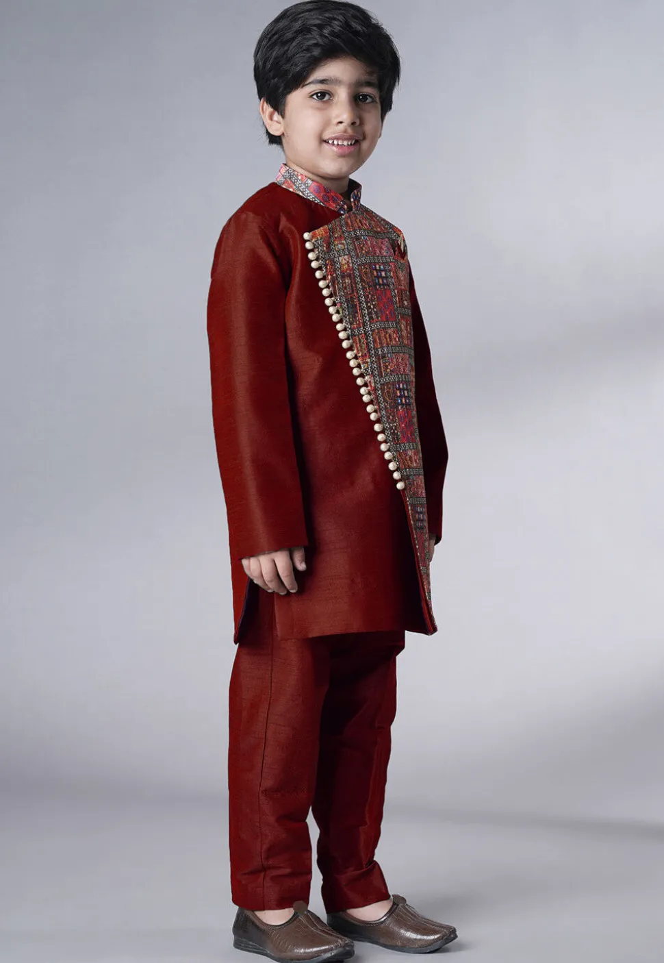 Digital Printed Dupion Silk Sherwani in Maroon