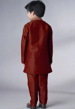 Digital Printed Dupion Silk Sherwani in Maroon
