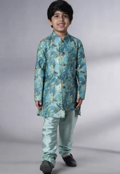 Digital Printed Dupion Silk Sherwani Set in Teal Blue
