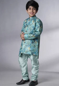 Digital Printed Dupion Silk Sherwani Set in Teal Blue