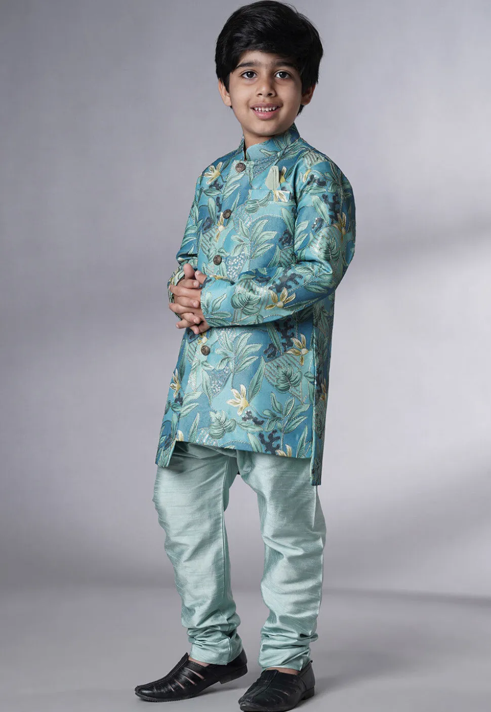 Digital Printed Dupion Silk Sherwani Set in Teal Blue