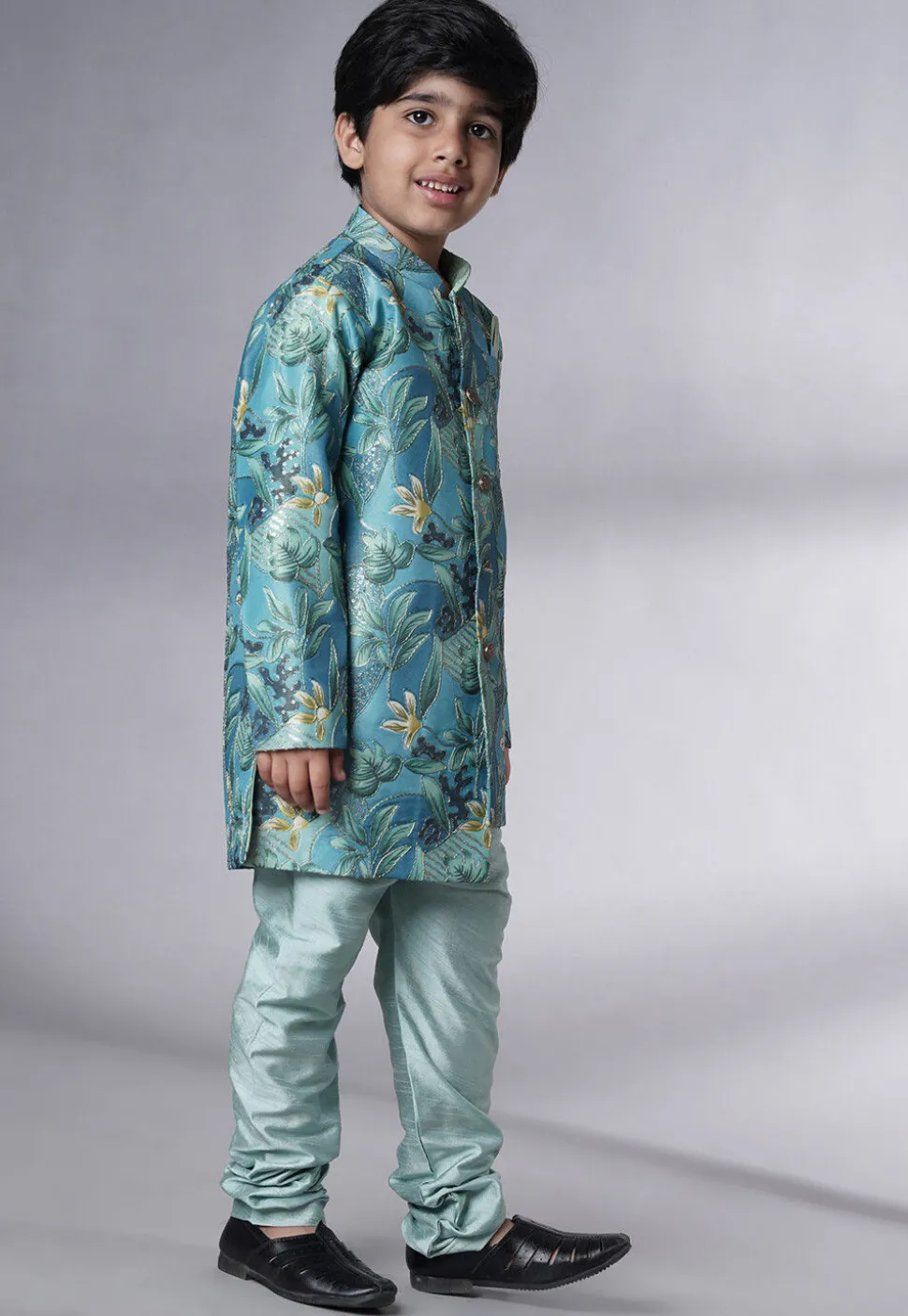 Digital Printed Dupion Silk Sherwani Set in Teal Blue