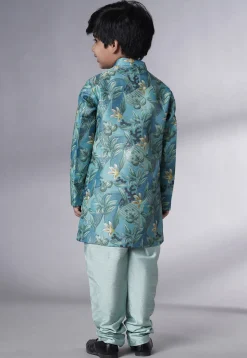 Digital Printed Dupion Silk Sherwani Set in Teal Blue
