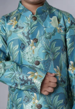 Digital Printed Dupion Silk Sherwani Set in Teal Blue