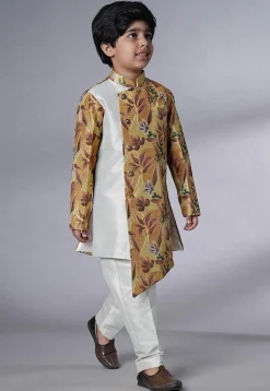Digital Printed Dupion Silk Sherwani Set in Beige