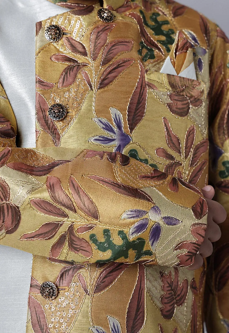 Digital Printed Dupion Silk Sherwani Set in Beige