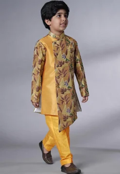 Digital Printed Dupion Silk Sherwani Set in Beige and Yellow