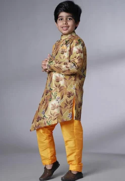 Digital Printed Dupion Silk Sherwani Set in Beige and Yellow