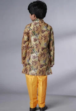 Digital Printed Dupion Silk Sherwani Set in Beige and Yellow