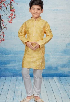Digital Printed Dupion Silk Kurta Set in Yellow