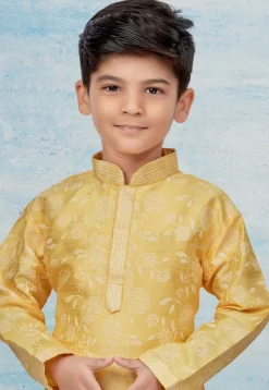 Digital Printed Dupion Silk Kurta Set in Yellow