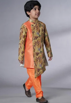 Digital Printed Dupion Silk Sherwani Set in Beige and Orange