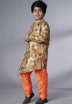 Digital Printed Dupion Silk Sherwani Set in Beige and Orange