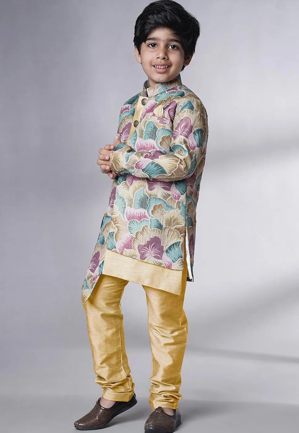 Digital Printed Dupion Silk Sherwani Set in Multicolor