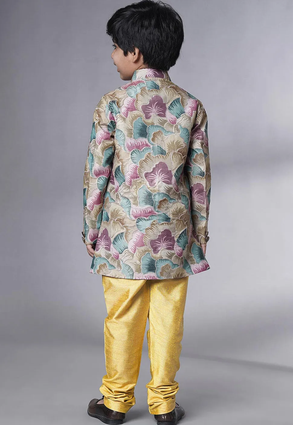 Digital Printed Dupion Silk Sherwani Set in Multicolor
