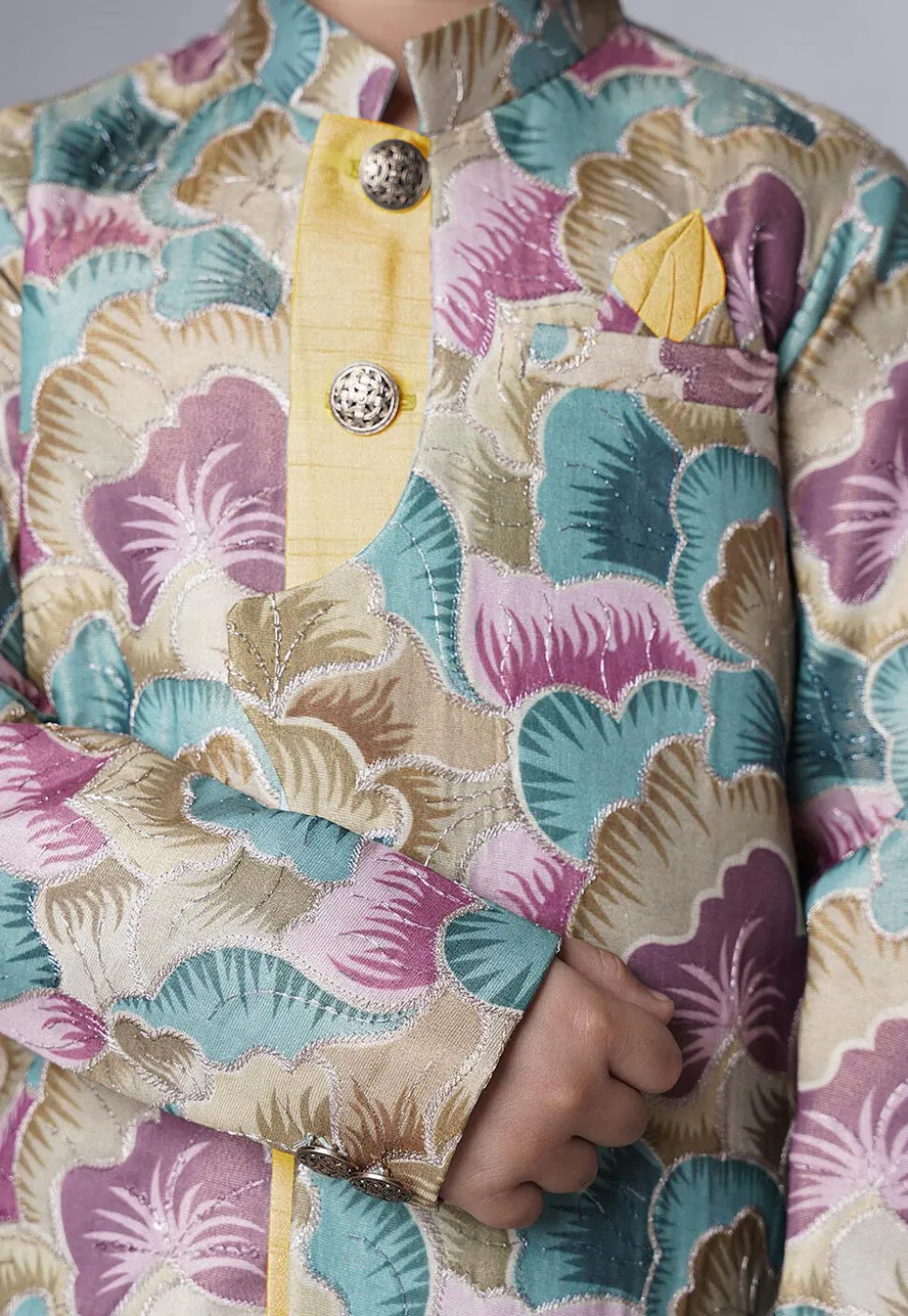Digital Printed Dupion Silk Sherwani Set in Multicolor