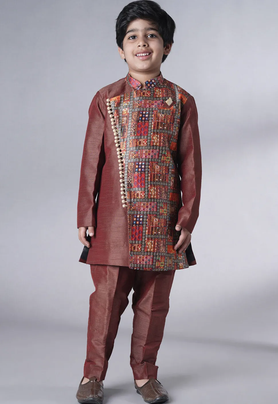 Digital Printed Dupion Silk Kurta Set in Dark Brown