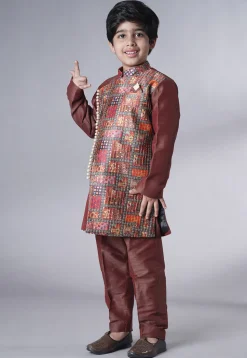 Digital Printed Dupion Silk Kurta Set in Dark Brown