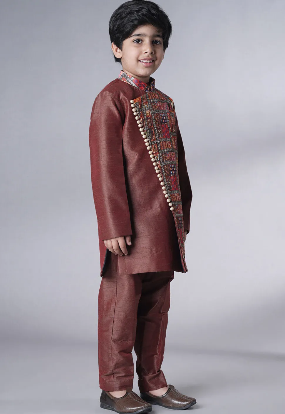 Digital Printed Dupion Silk Kurta Set in Dark Brown
