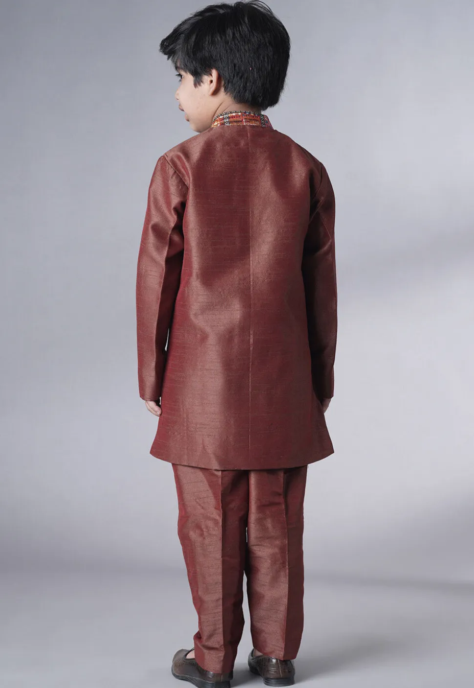 Digital Printed Dupion Silk Kurta Set in Dark Brown